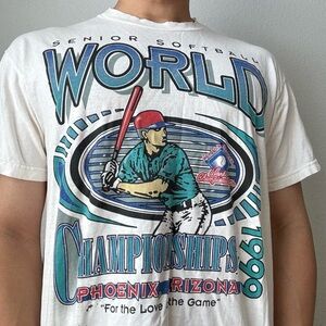 Vintage 1999 Senior Series Softball Championship Graphics White T-Shirt